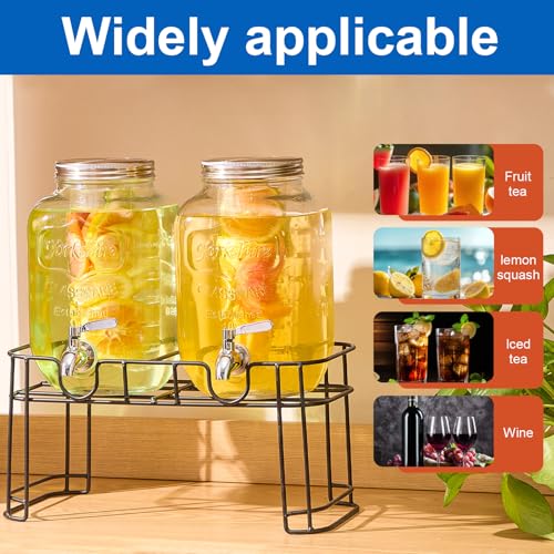 2 Gallon Glass Drink Dispenser Set with Stand & Fruit Infuser - Leakproof Spigot
