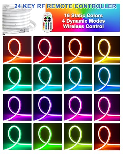 RGB 32.8FT Neon Rope Light with Remote - 16 Colors, Dimmable, Waterproof, Expandable, ETL Certified