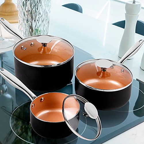 Nonstick Saucepan Set of 3 1-2-3 Qt Ceramic Copper Cookware with Lids - Michelangelo