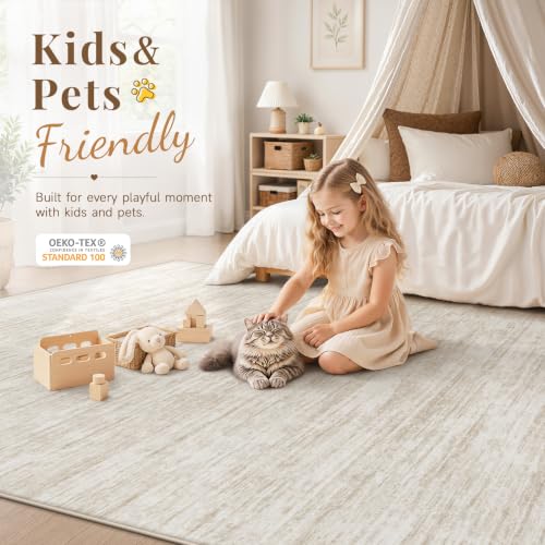 Beige 6' x 9' Washable Modern Abstract Area Rug Non Slip Indoor Carpet for Living Room