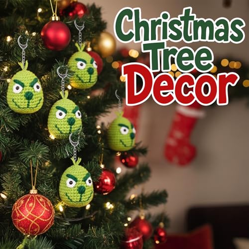 FunisFun Christmas Crochet Green Plush Ball with Keychain - Funny Handcrafted Holiday Ornament for Xmas Trees, Stocking Stuffers & Themed Party Decor
