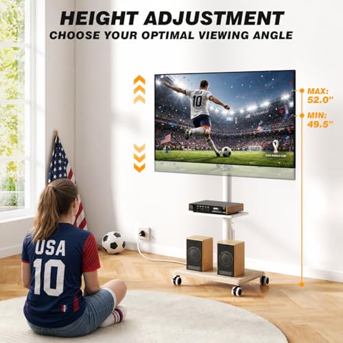 5Rcom White Rolling TV Stand with Power Outlet, Swivel & Height Adjustable for 32-60 Inch TVs