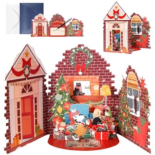 Pop Up 3D Christmas Cards - Cute Cozy Holiday Cats Living Room Xmas Greeting Cards with Envelopes, Festive Themed Gift Card, Christmas Tree and Fireplace Design