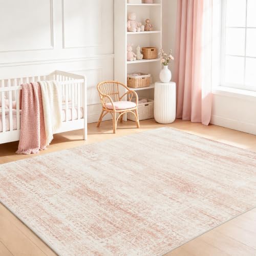 Srugn Pink White Washable 8x10 Area Rug for Living Room & Bedroom - Non-Slip, Cushioned, Machine Washable