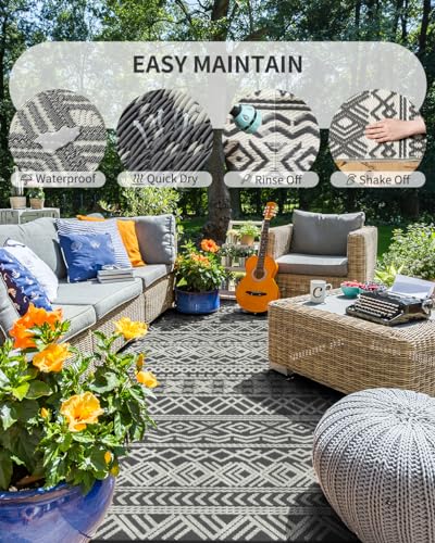 Grey Waterproof Outdoor Rug 6x9 ft Reversible Patio Carpet for Deck Balcony Backyard