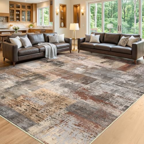 8x10ft Brown Abstract Area Rug - Non-Slip Low Pile Carpet for Living Room