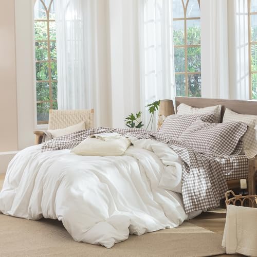 Gingham Sheet Set Queen - Classic Brown 100% Washed Cotton Deep Pocket, Lived-in Feel