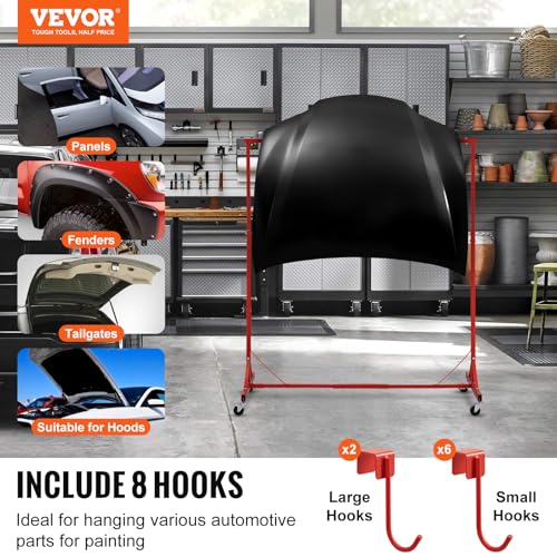 Red Adjustable Automotive Paint Rack with 8 Hooks, 5-7 ft Height, 66 lbs Capacity