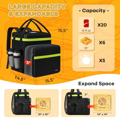 Large Insulated Food Delivery Backpack with Cup Holder - Black, X-Large