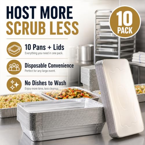 Full Size Deep Steam Aluminum Foil Pan with Lids - 21x13x3 Inches, 10 Pack