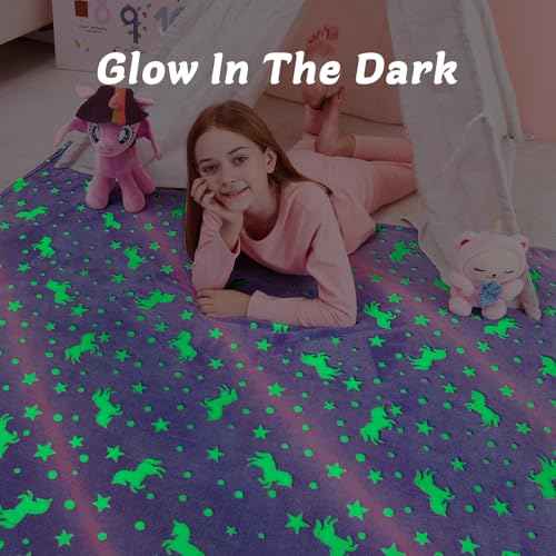 QSTEHEML Unicorns Glow in The Dark Blanket for Girls,Unicorn Gifts for Girls Age 3 4 5 6 7 8 9 10 11 12 Year Old, Soft Unicorns Purple Blanket - Christmas Birthday Bedroom Decor 50"¡¿60"