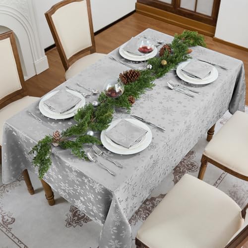 Romanstile Silver Christmas Jacquard Tablecloth 60 x 102 in with Snowflake Pattern