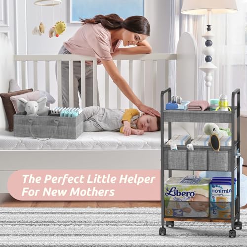 LIDTOP 2-in-1 Baby Diaper Caddy & 3-Tier Rolling Organizer Cart - Black