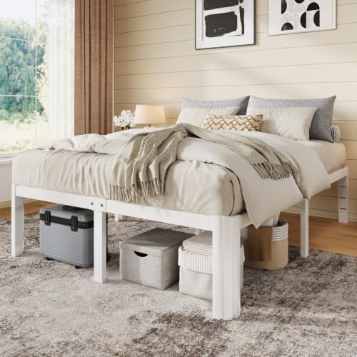 Allewie White Metal Full Bed Frame 14 Inch Tall with Rounded Corners & Storage