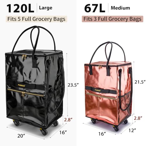 PASMAN Reusable Foldable Rolling Grocery Bag - Large Black 5 Wheels