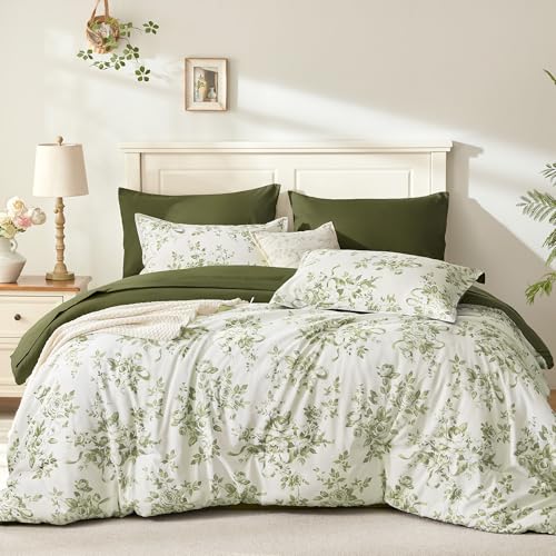 Andency Green Floral Queen Comforter Set 7-Piece Bedding with Sheets & Shams