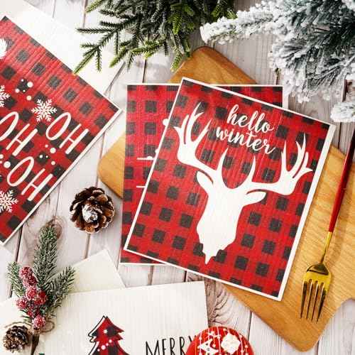 Whaline 6Pcs Christmas Swedish Dishcloths Red Buffalo Plaid Xmas Dish Towels Xmas Tree Snowflake Joy Reusable Absorbent Washable Cotton Kitchen Towels for Xmas Winter Cooking Wiping, 6.7 x 7.7 Inch