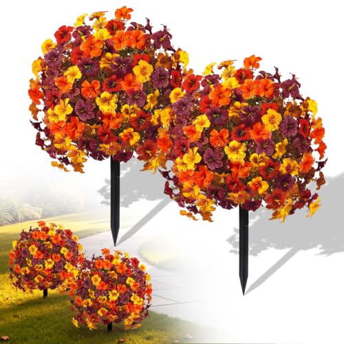 Artificial Fall Flowers with Ground Stake - 22 Inches Tall, UV Resistant Autumn Decor - Orange Yellow Brown Burgundy, 2 Pack
