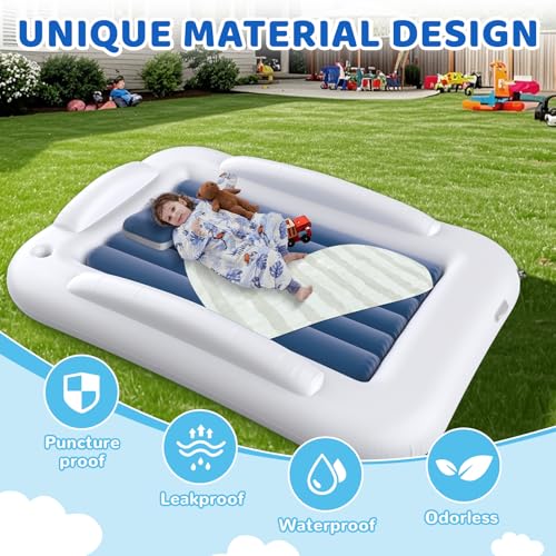 Inflatable Toddler Travel Bed - 60 Inch Portable Air Mattress with Safety Sides - Blue - Easy to Inflate with Pump & Carry Case