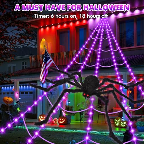 OCATO 200in Halloween Spider Web Lights with 59in Fake Spider, Purple Outdoor Decor