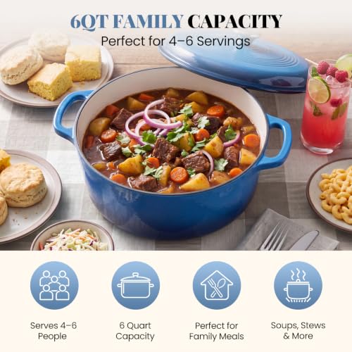 DUMOS 6 Quart Enamel Cast Iron Dutch Oven - Gradient Blue, Lid Included