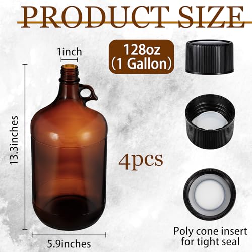 4 Pack 1 Gallon Amber Glass Jugs with Seal Lid for Home Brewing & Fermentation