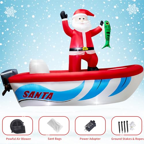 10FT Long Christmas Inflatable Blow up Santa Fishing on a Boat
