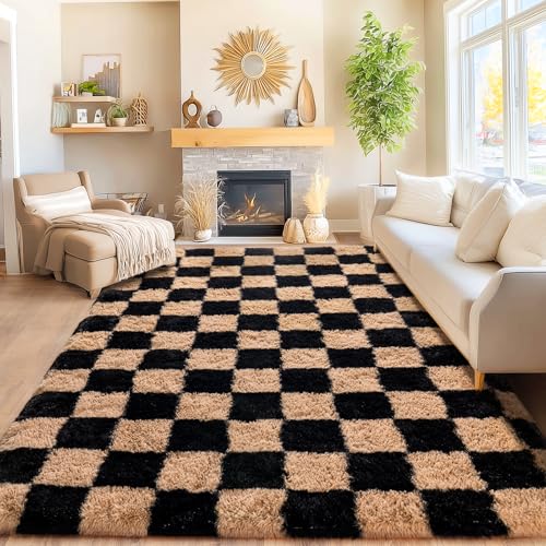 8x10 Black & Beige Fluffy Checkered Rug - Soft Microfiber Living Room & Bedroom Accent with Anti-Slip Backing - Variation: Black & Beige / 8' x 10'