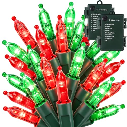 Watereem 2-Pack Battery Operated Christmas LED String Lights 50LED 16ft Red & Green with 8 Modes
