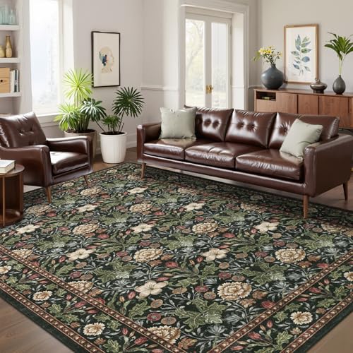 GarveeHome Forest Chestnut 8x10 Floral Area Rug - Washable Non Slip Indoor Carpet