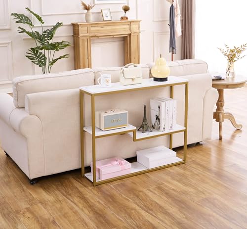 Faux Marble Console Table for Entryway - White Marble & Gold Frame, Modern Sofa Table, Space-Saving Design, 38 Inch Wide, Variation: White Marble / Multilayer