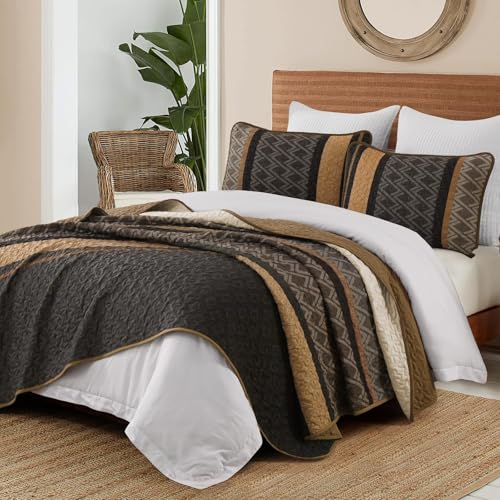 Dinjoy Boho Queen Quilt Set - Brown & Striped Fall Bedspreads, Reversible, Lightweight Microfiber Bedding, 3 Piece