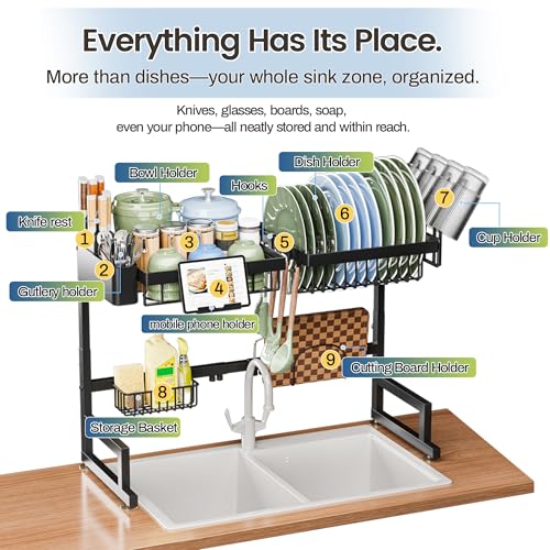 Black Over The Sink Dish Drying Rack 22.6-35.5" Expandable 2-Tier Kitchen Organizer