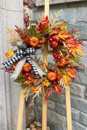24 Inch Fall Front Door Wreath with Buffalo Check Bow & Maple Leaves | Autumn Farmhouse Decor
