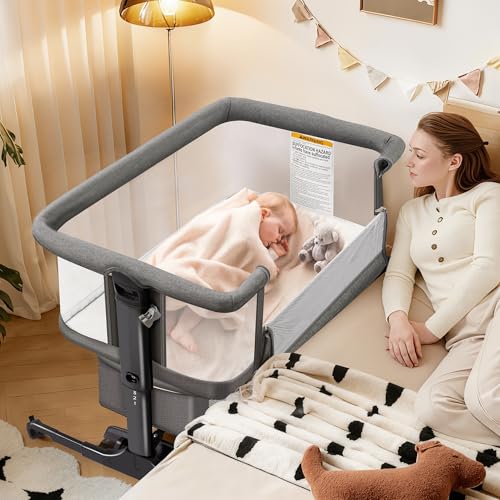 4-in-1 Bedside Bassinet Sleeper with Mesh, 6-Height Adjustable, Washable Mattress - Grey