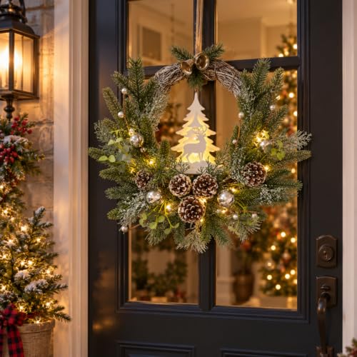 Svndlyn 18-Inch Indoor Outdoor Christmas Wreath with Silver Ornaments & Timer