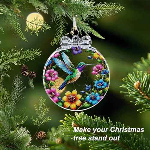 Hummingbird Stained Glass Christmas Ornament - Hanging Ornaments for Christmas Tree Decorations -Holiday Keepsake Present Exchange Idea