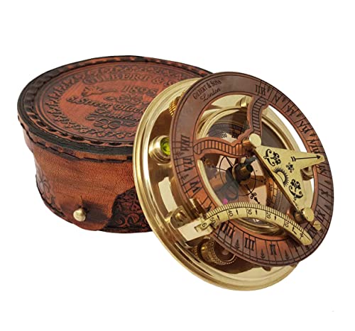 Large Antique Brass & Copper Nautical Sundial Compass - Gift Box Included