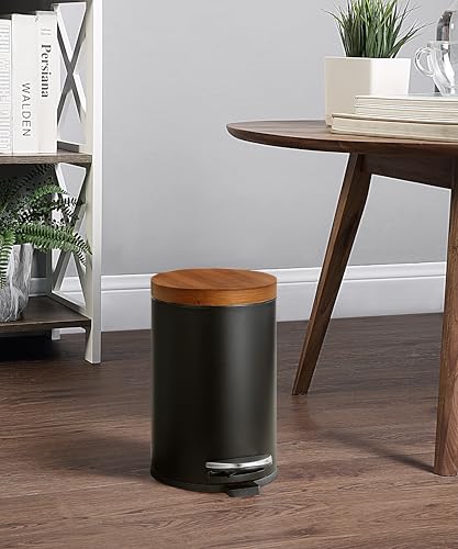 Black Bamboo Lid Trash Can 4.5L Steel Waste Bin with Plastic Inner Bucket