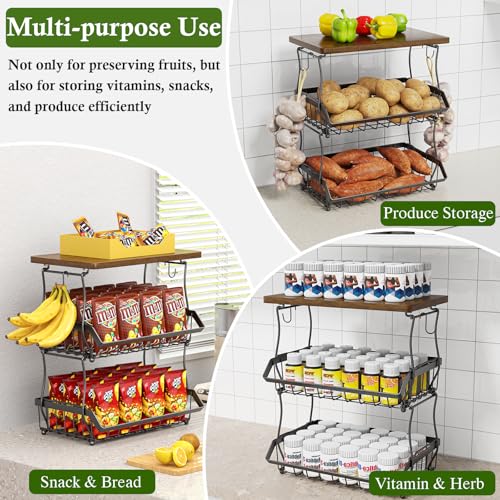 OKZEST 3-Tier Under-Cabinet Fruit Basket with Wood Top, Black, 16.8"H