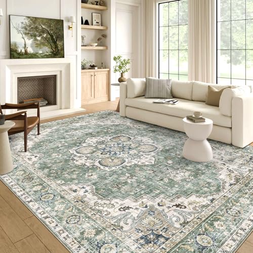 6x9 Sage Green Oriental Area Rug for Living Room & Bedroom - Distressed Pattern