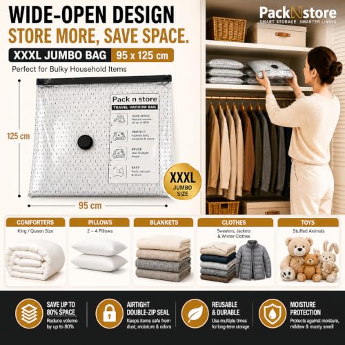 PackNstore XXXL Vacuum Storage Bags 8 Pack with Electric Pump - Space Saver for Clothes & Bedding