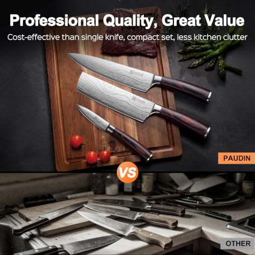 3-Piece Kitchen Knife Set - High Carbon Stainless Steel Chef, Nakiri & Paring Knives with Wooden Handles
