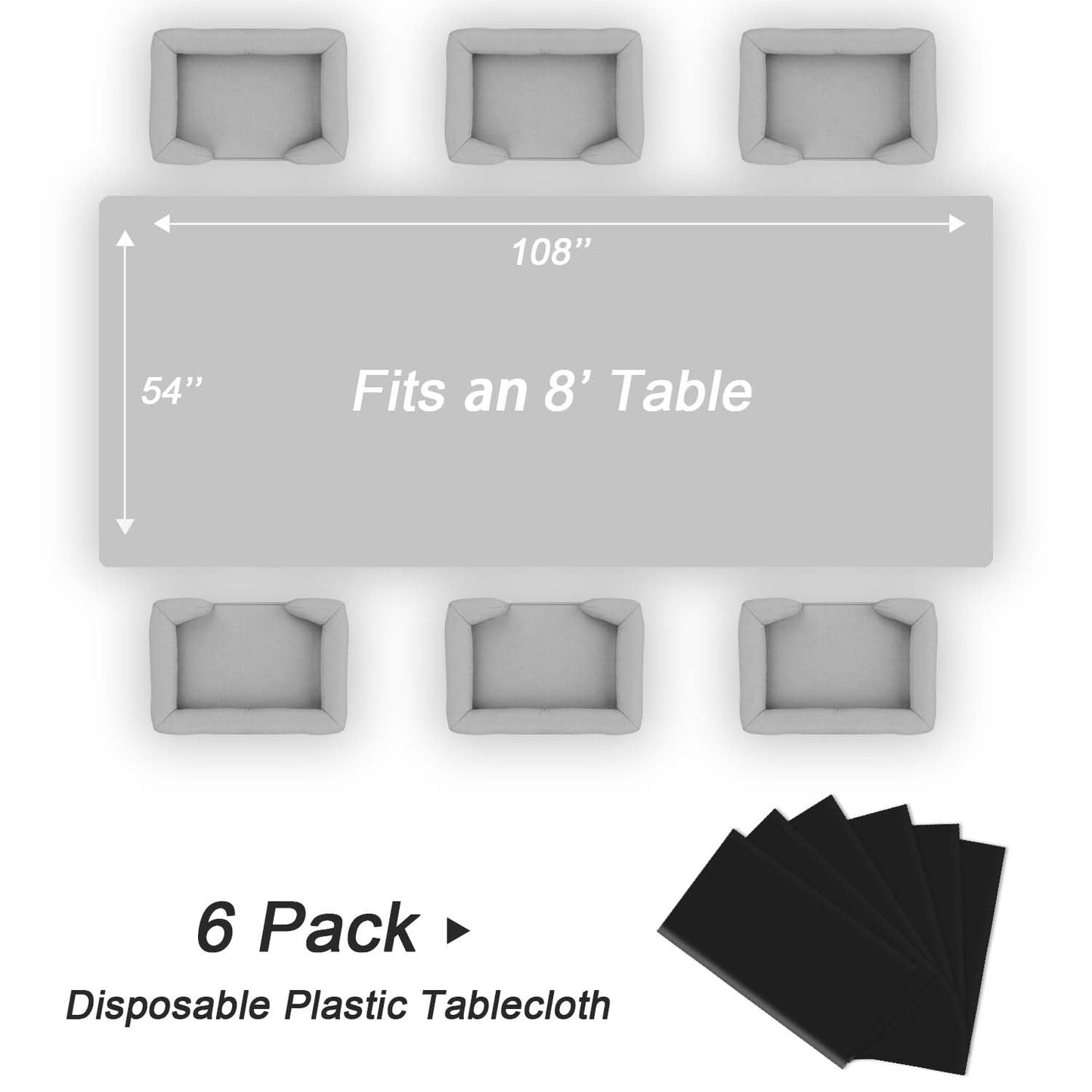 QIKSION Black Plastic Table Cloth Disposable 6 Pack, 54 x 108 Inch Tablecloths for Party, Graduation, Halloween Decorations, Rectangle Table Cover