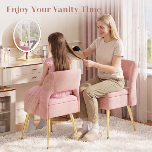 Pink Vanity Chair with Storage & Open Back - Adjustable Gold Metal Legs