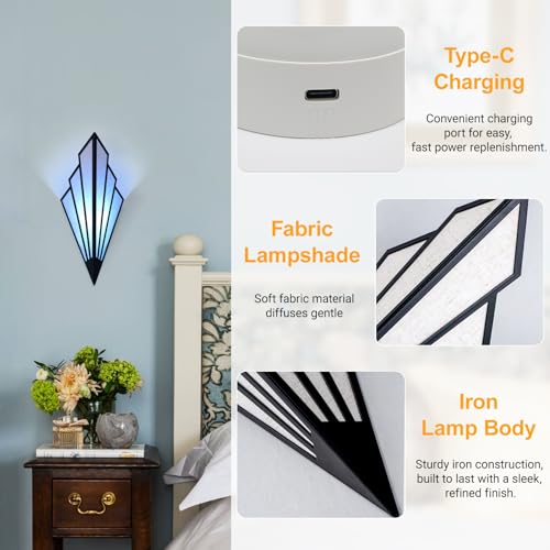 Black Modern Battery Operated Wall Sconce Set of Two with Remote RGB Dimmable LED Lighting