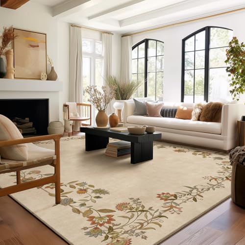 8x10 Edge Floral Cream Brown Washable Area Rug Non Slip Living Room Carpet