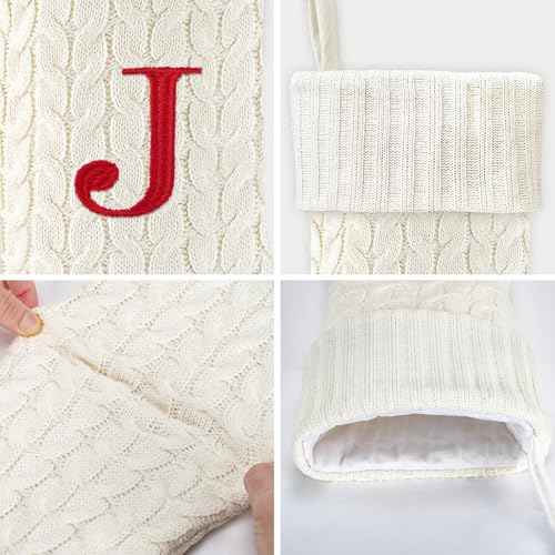 21 Inches Knitted Christmas Stockings with Initials, Large White Custom Monogram Embroidery Christmas Stockings with Letter, Personalized Xmas Decoration for Holiday Family Party-L