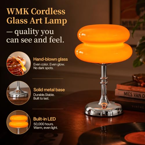 Rechargeable Cordless Mushroom Table Lamp - Touch Dimming Glass Nightlight