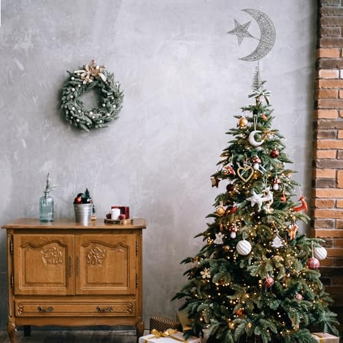 Angoily Glitter Star and Moon Christmas Tree Topper - Silver, 30cm